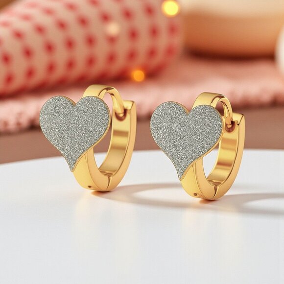 🆕️18K Gold Plated Shimmering Heart Huggie Earrings 💖 Trendy Sparkling Hoops - Picture 1 of 9